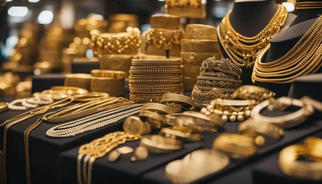 A collection of gold jewelry and coins elegantly arranged in a Singapore gold shop, highlighting fine craftsmanship.