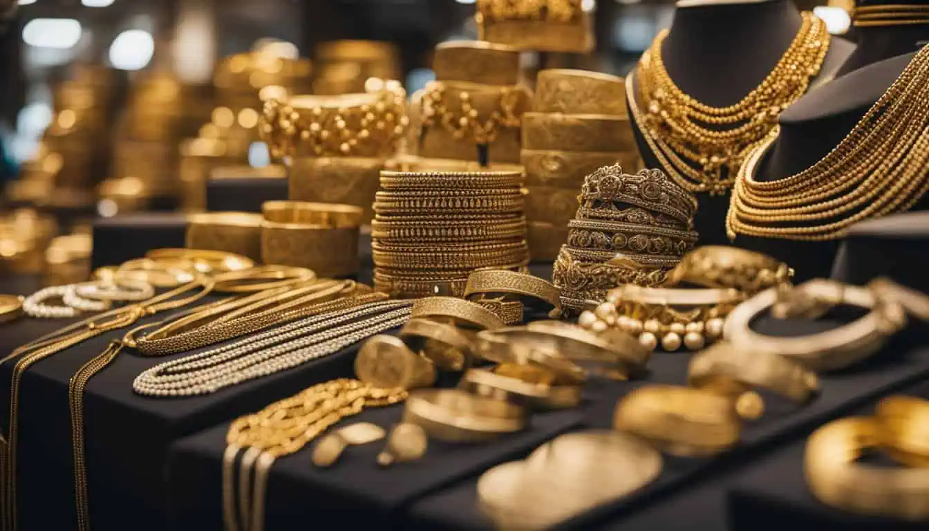 A collection of gold jewelry and coins elegantly arranged in a Singapore gold shop, highlighting fine craftsmanship.