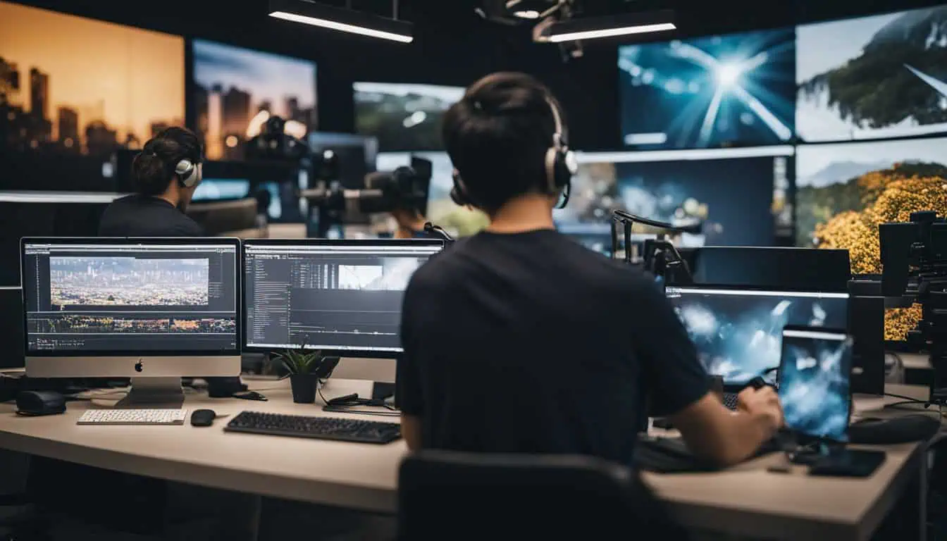 A man at a desk with multiple monitors and a computer, showcasing a modern workspace for creative solutions in Singapore.