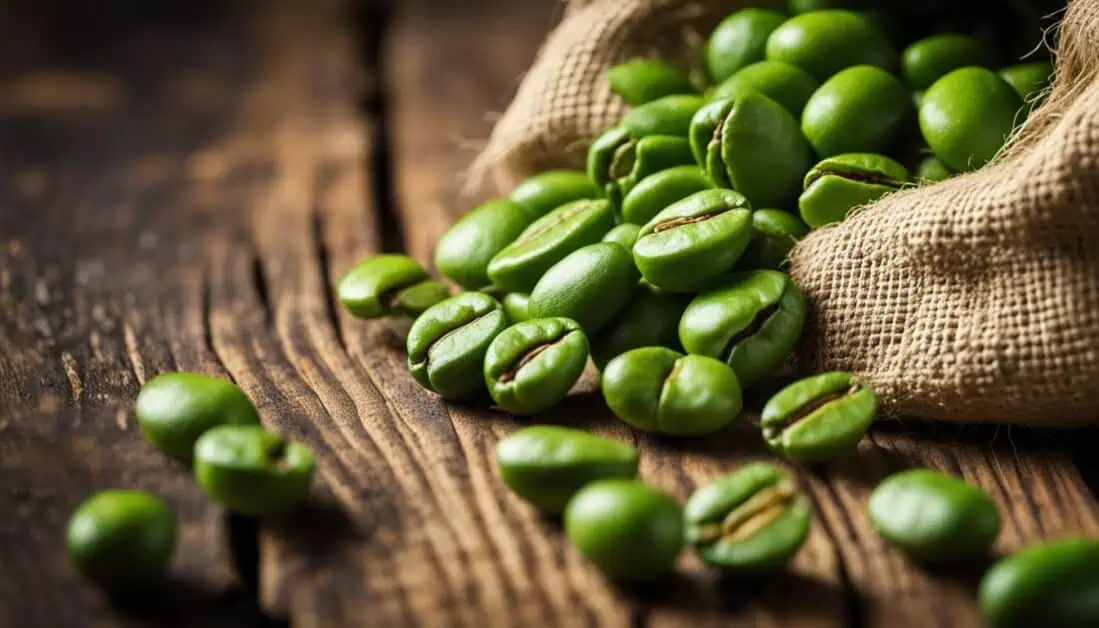 Green coffee beans in a burlap sack placed on a wooden table, showcasing top brands available in Singapore.