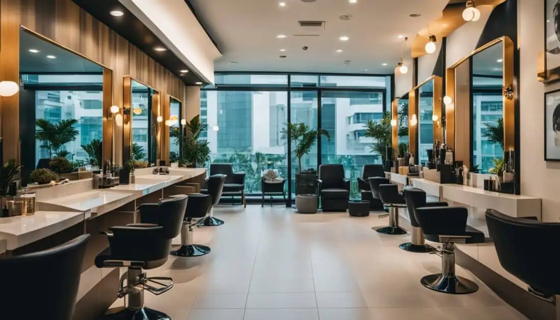 A stylish salon featuring elegant chairs and mirrors, located near Far East Plaza in Singapore.
