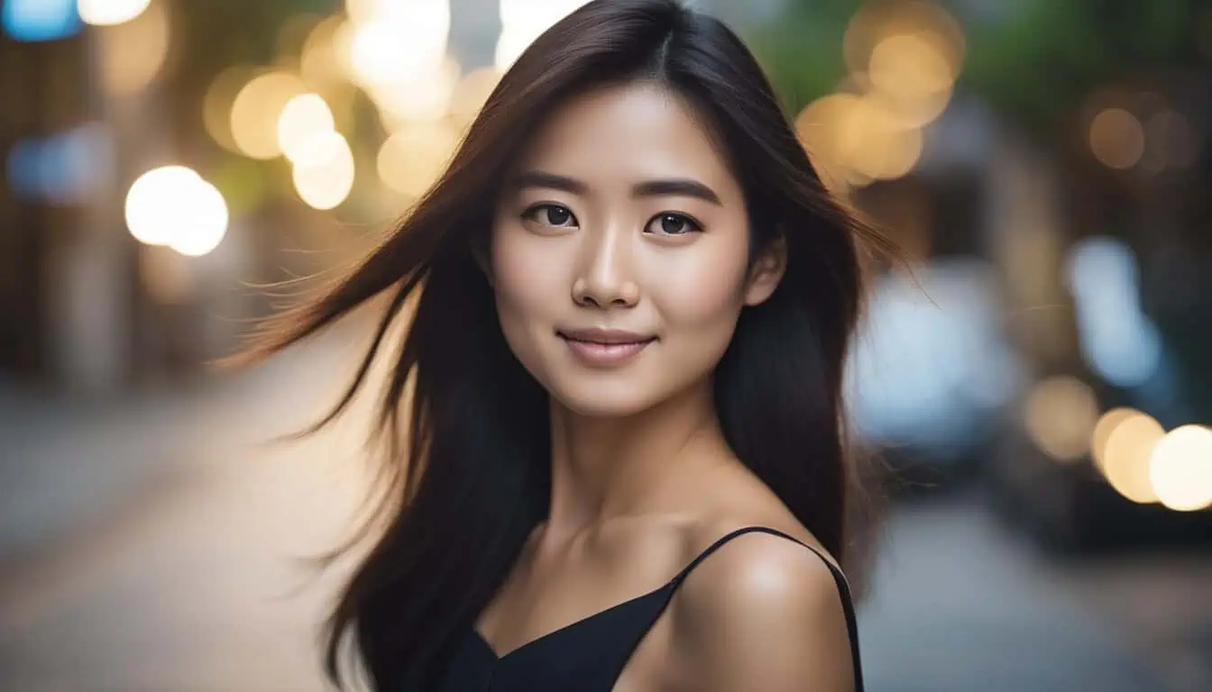 A beautiful Asian woman with long hair stands confidently in a vibrant city, showcasing her stunning hair color.