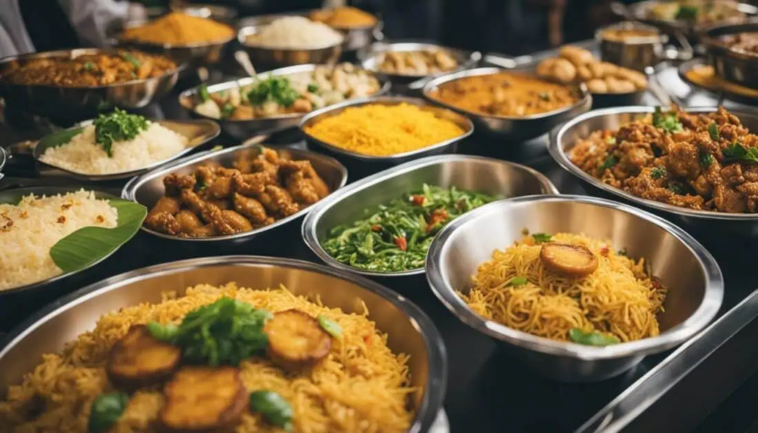 A colorful selection of Indian food at a restaurant buffet, featuring top halal catering services available in Singapore