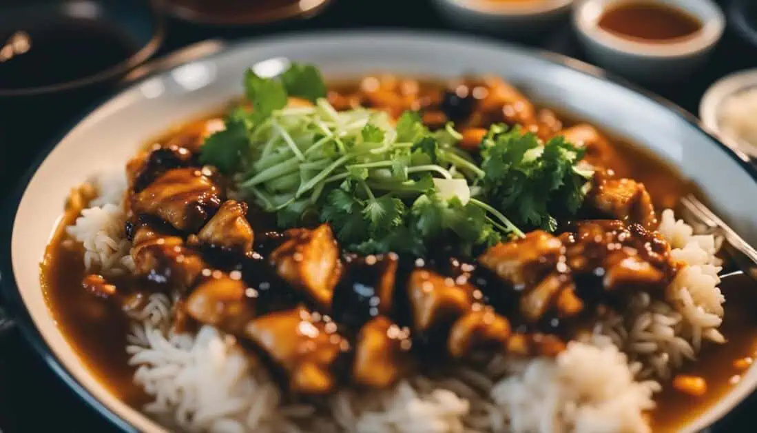 Delicious chicken with rice and sauce on a plate, representing the finest halal chicken rice offerings in Singapore.