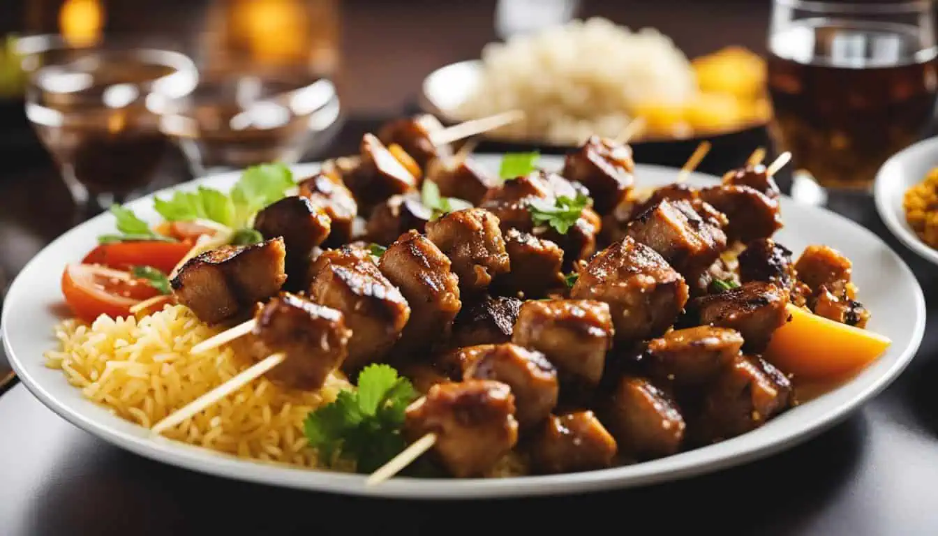 A plate of meat skewers served with rice and colorful vegetables, showcasing a delicious halal meal in Singapore.