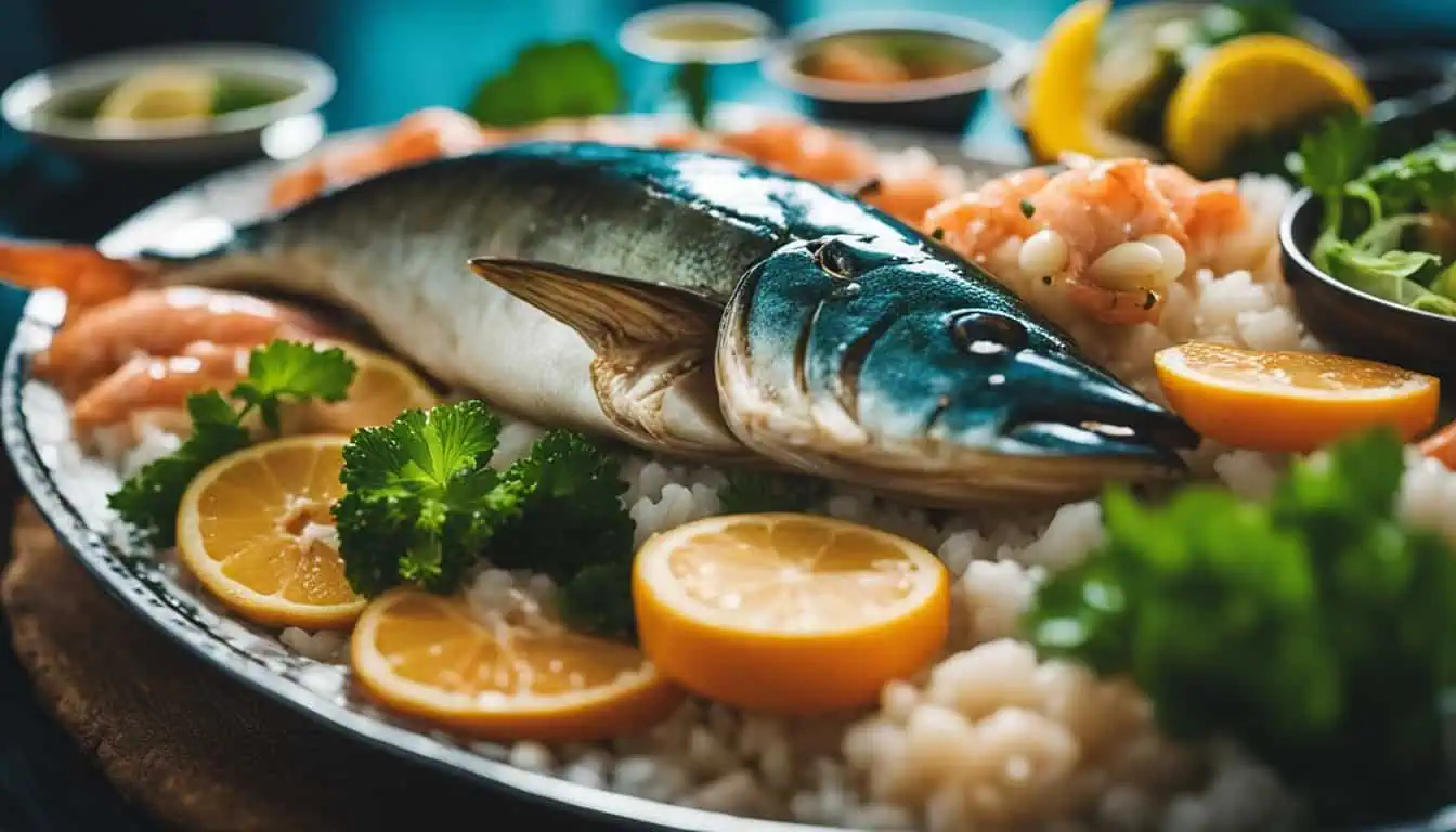 A plate featuring grilled fish accompanied by rice and colorful vegetables, highlighting Singapore's best halal seafood options.