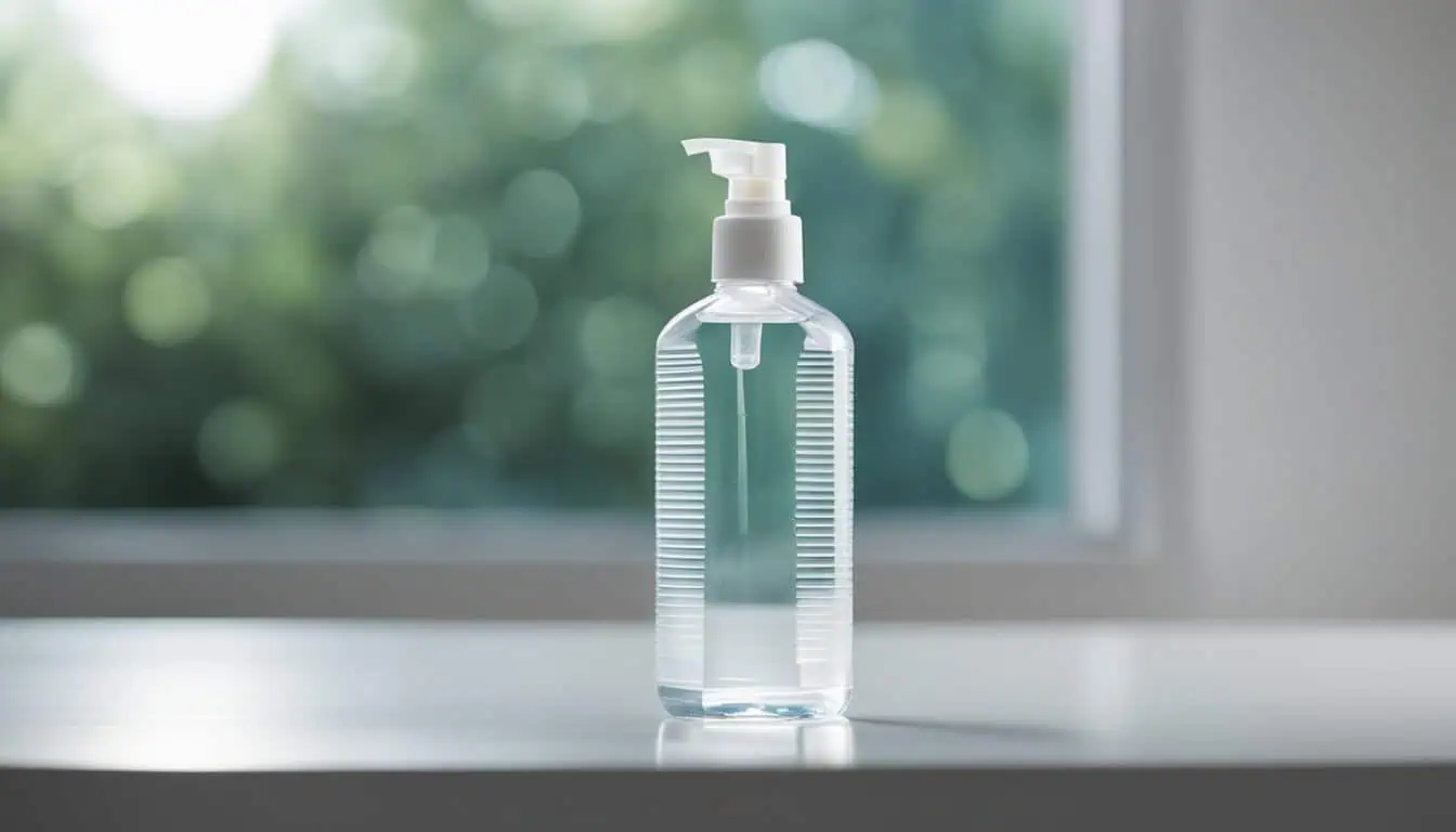A bottle of hand sanitizer placed on a table, highlighting top brands available in Singapore for effective hygiene.