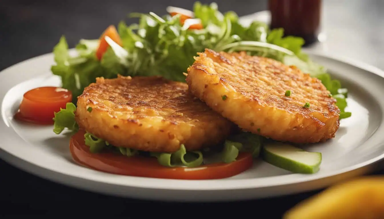 Two crispy fried potatoes served on a plate, accompanied by fresh lettuce and tomato, highlighting popular hash brown brands in Singapore.