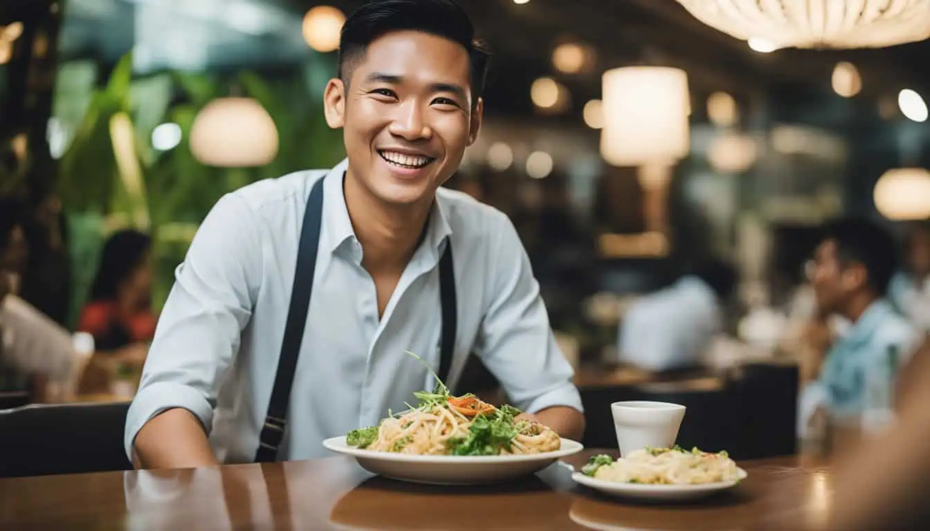 A cheerful Asian man relishes a dish at a restaurant, showcasing the vibrant atmosphere of Best Hawa Restaurants, Singapore.