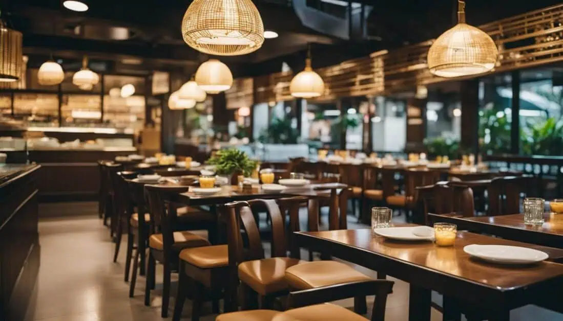 A vibrant restaurant in Singapore, highlighting wooden tables and chairs, ideal for enjoying Hokkien cuisine.