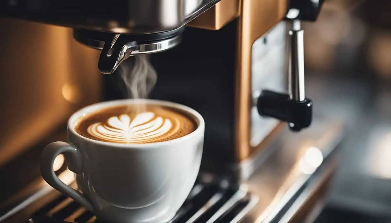 A coffee machine pours freshly brewed coffee into a white cup, showcasing a rich, aromatic beverage.