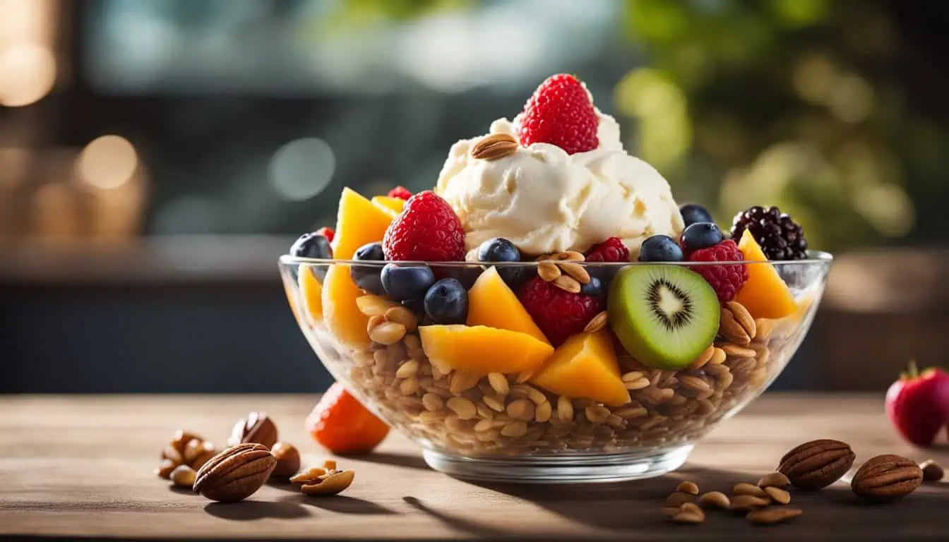 A bowl of homemade ice cream topped with fresh fruit and nuts, creating a delightful and colorful dessert.
