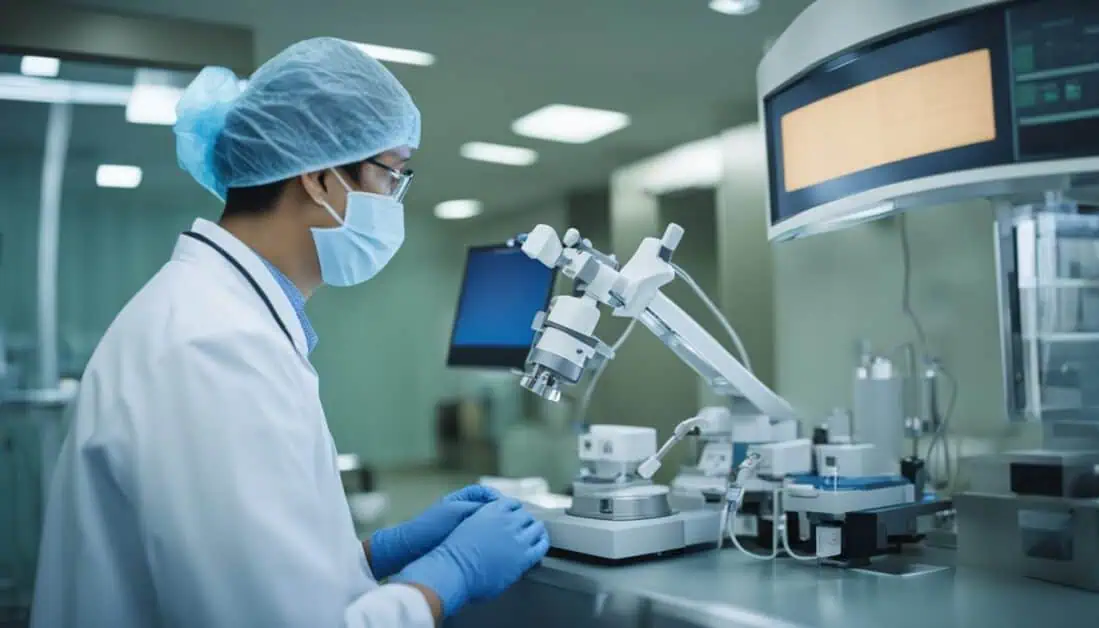 A man wearing a lab coat and mask is focused on a machine, showcasing the expertise in gastroenterology at Singapore's best hospitals.