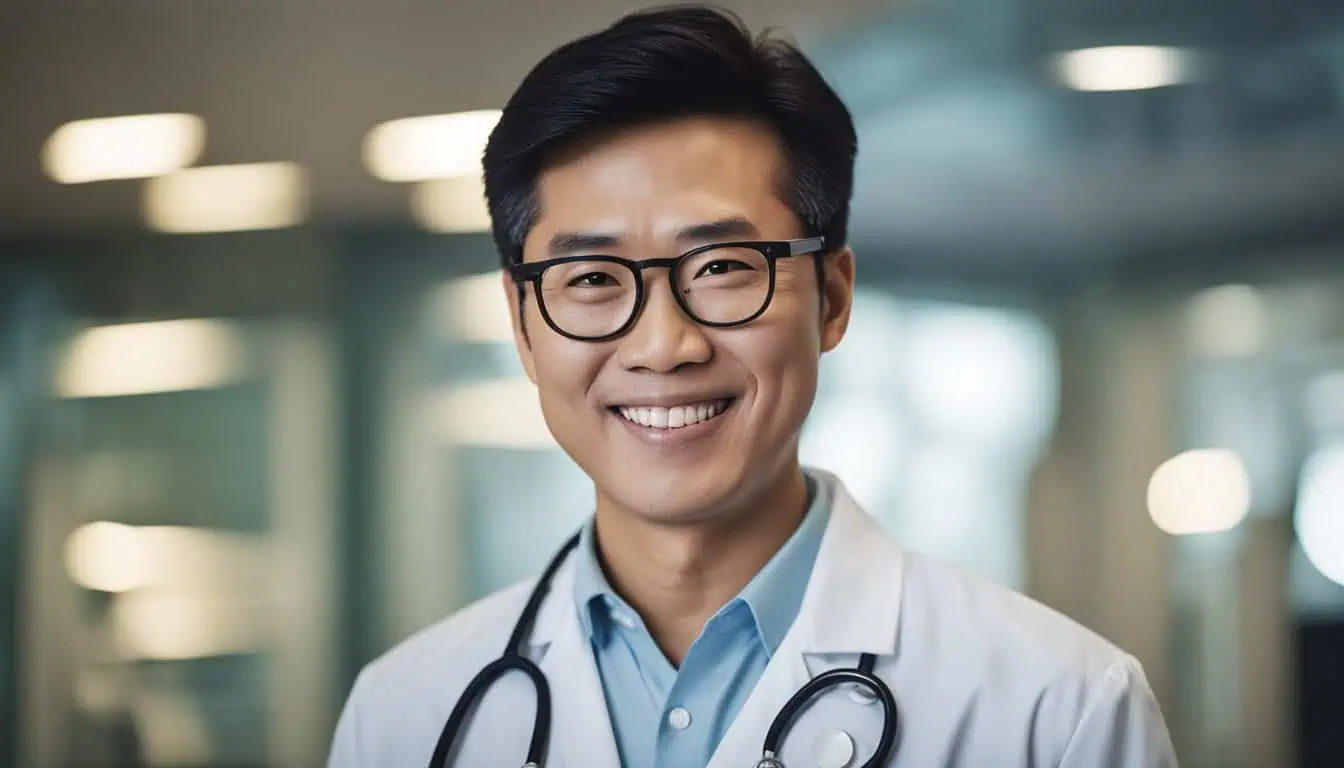 A male doctor in glasses and a white coat, representing top gynecologists in Singapore's best hospitals.