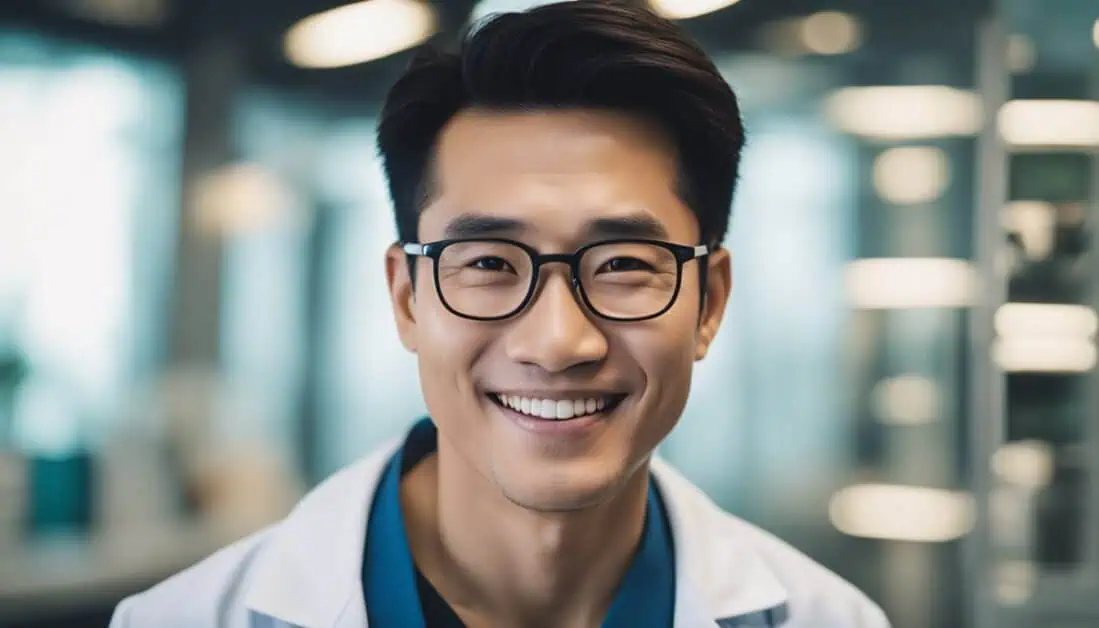 A smiling male doctor with glasses, representing the expertise of skin specialists in Singapore's top hospitals.