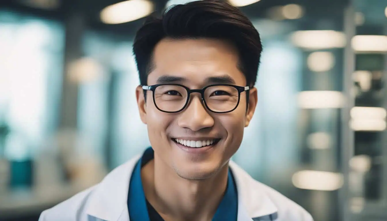 A smiling male doctor with glasses, representing the expertise of skin specialists in Singapore's top hospitals.