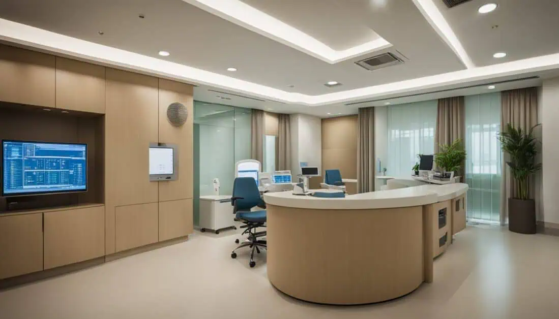 A urology office featuring a spacious desk and a computer, ideal for professional work environments.
