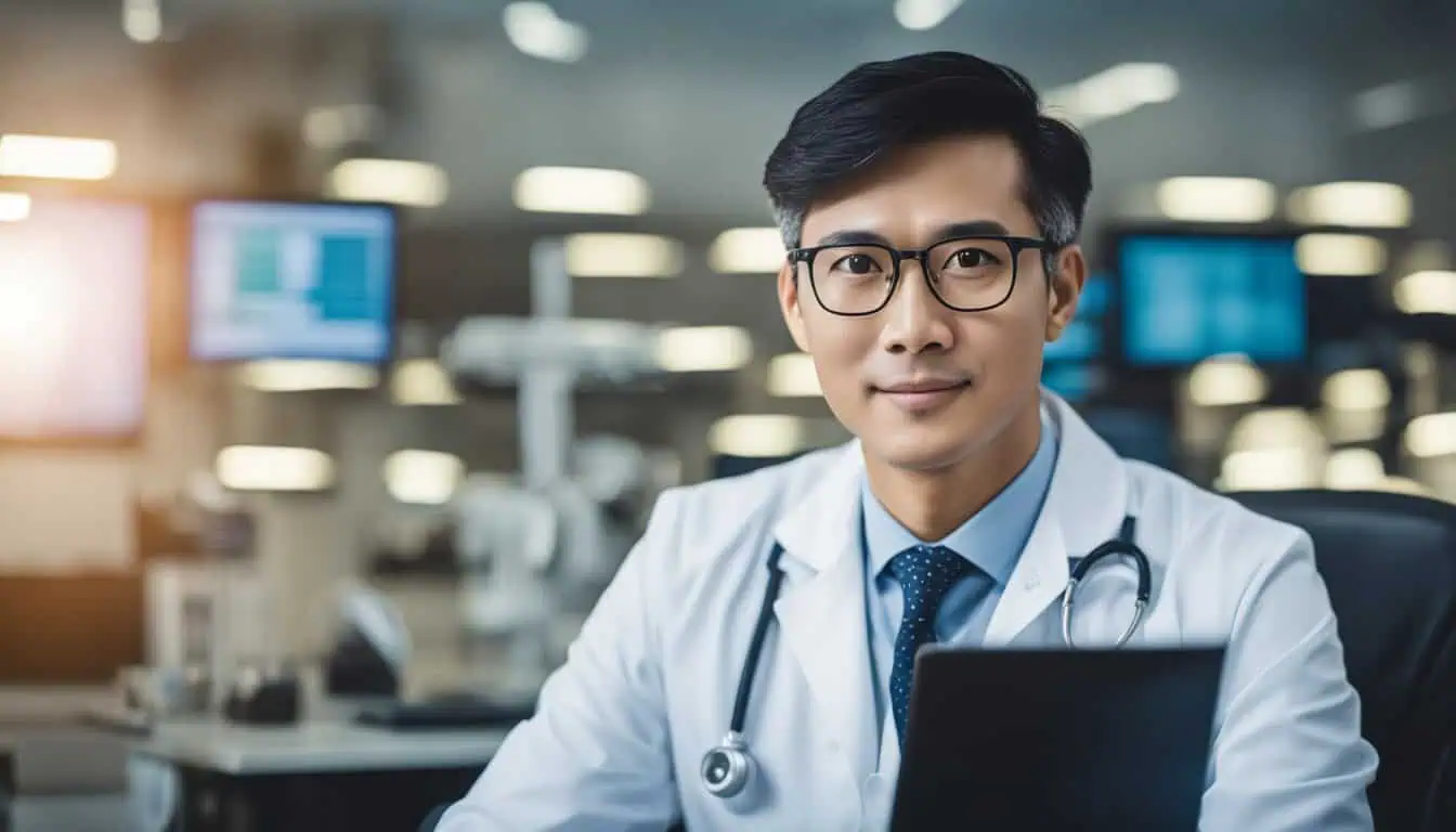 Asian doctor using a laptop in an office, representing top ophthalmology services in Singapore's best hospitals.