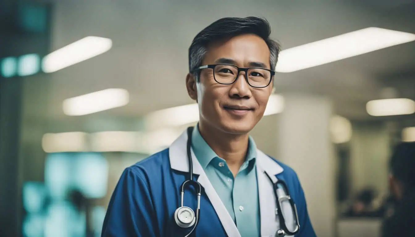 Asian male doctor in a hospital setting, representing top pediatric care in Singapore's best hospitals.