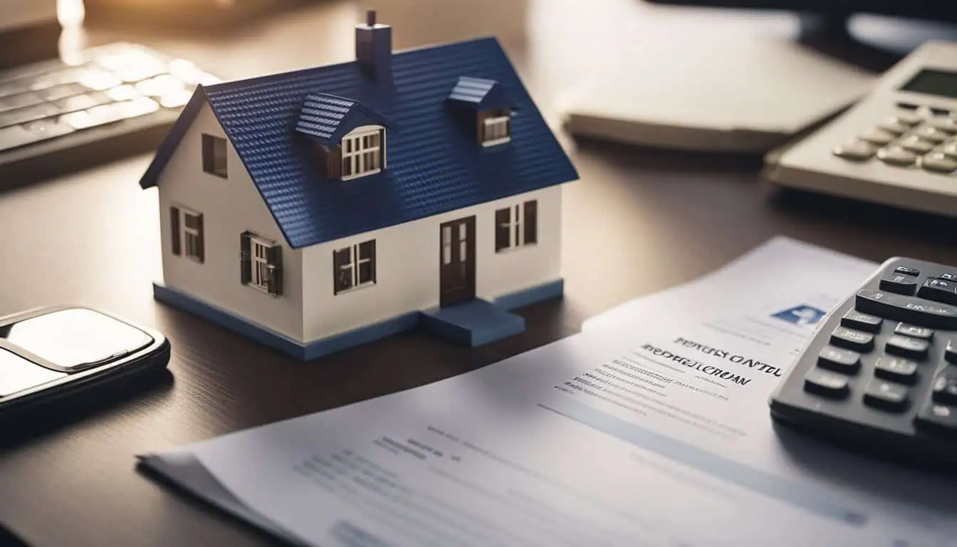 A house model on a desk alongside a calculator and a house loan application form, symbolizing housing loans in Singapore.