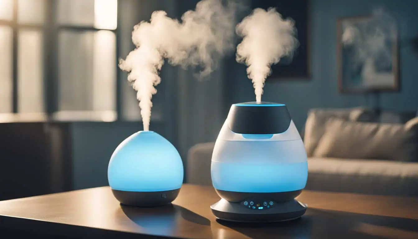 A pair of blue and white humidifiers displayed on a table, representing top humidifier choices in Singapore.