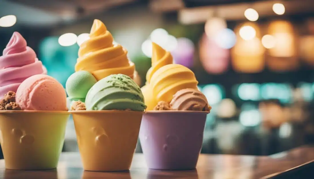 A row of three colorful ice cream cones, representing the finest ice cream offerings in Singapore.
