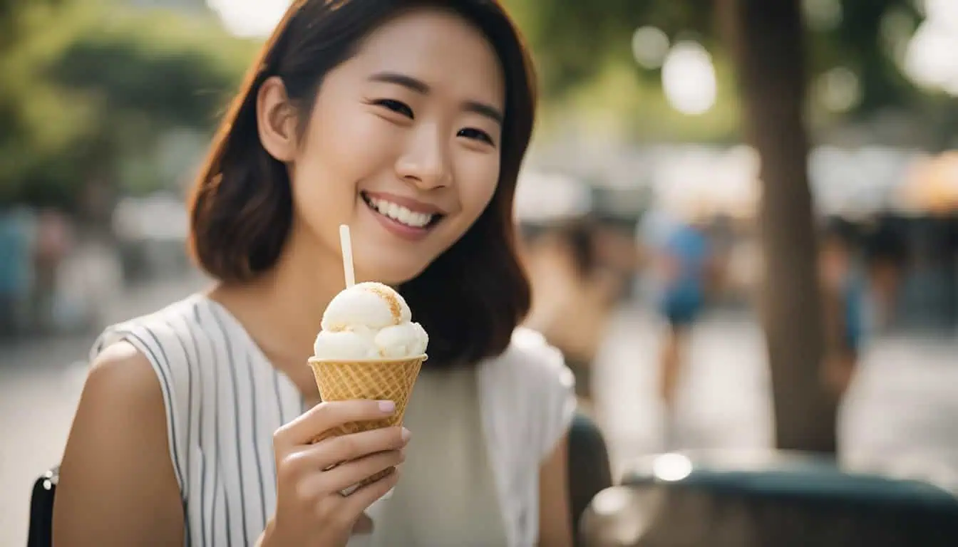 A smiling woman holds an ice cream cone, highlighting the finest ice cream places in Singapore.