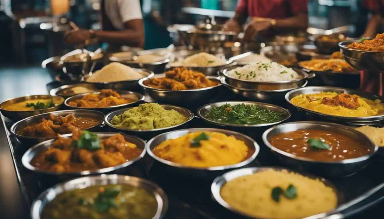 A vibrant Indian food buffet featuring a variety of dishes at a restaurant in Little India, Singapore.