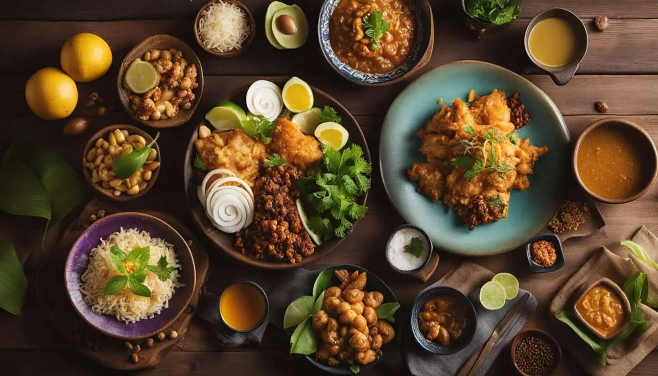 A variety of Indian food presented on a wooden table, featuring colorful dishes that represent the essence of Indian cuisine.