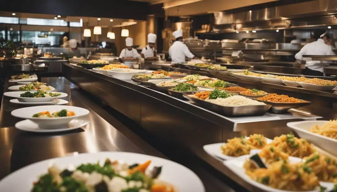 A diverse buffet line featuring various international dishes at a top restaurant in Singapore.