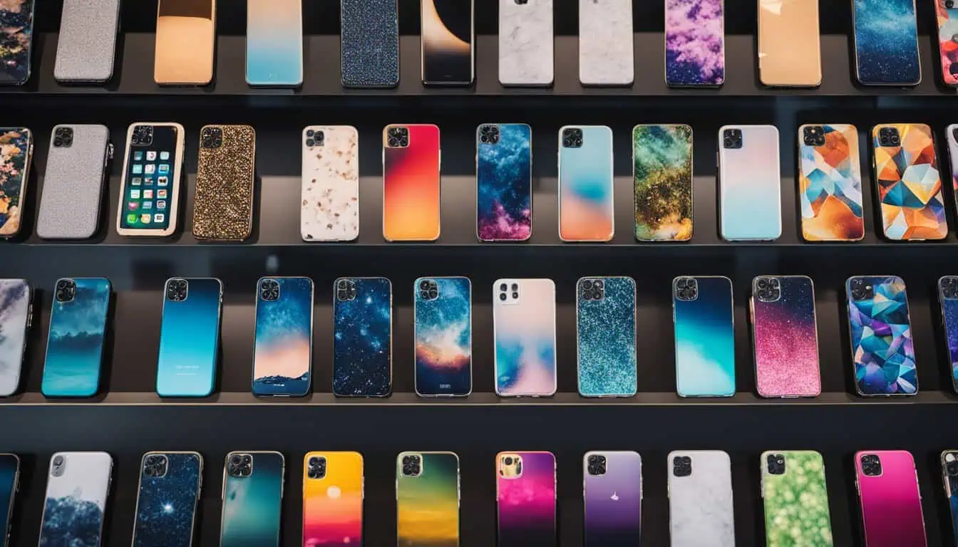 A diverse array of iPhone cases showcased in a store, highlighting top protective options available in Singapore.