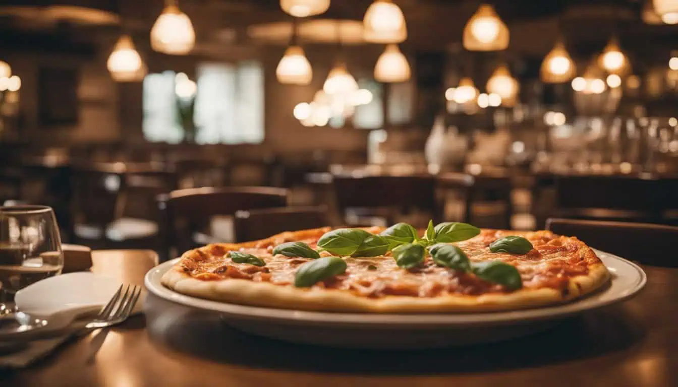 A delicious pizza on a plate accompanied by a glass of wine, showcasing the best Italian cuisine in Singapore.