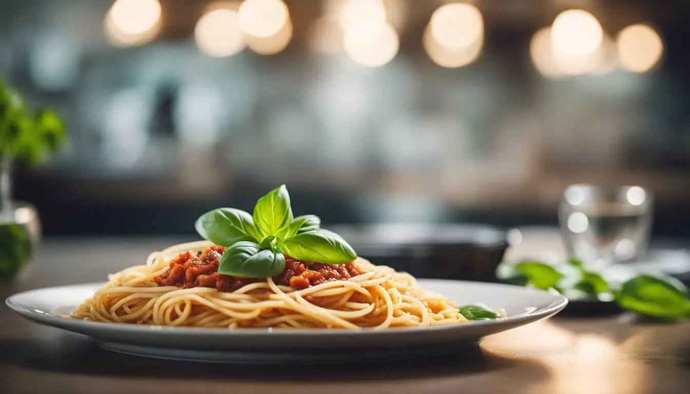 Spaghetti topped with tomato sauce and fresh basil leaves, elegantly presented on a white plate, showcasing Italian cuisine.