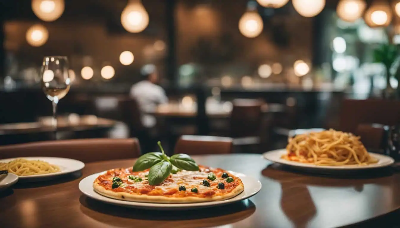 A dining table displaying two plates: one with delicious pizza and the other with pasta, highlighting Italian dining in Singapore.