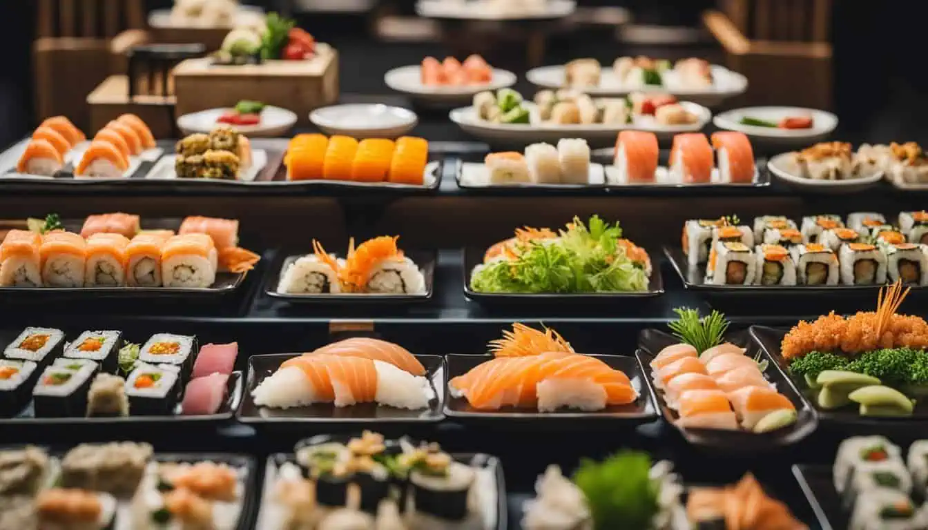 A vibrant array of sushi on trays, representing the finest Japanese buffet dining experience in Singapore.