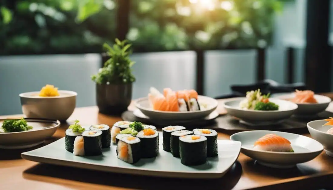 A wooden table adorned with sushi and bowls of food, showcasing the best Japanese dining experience in Orchard, Singapore.