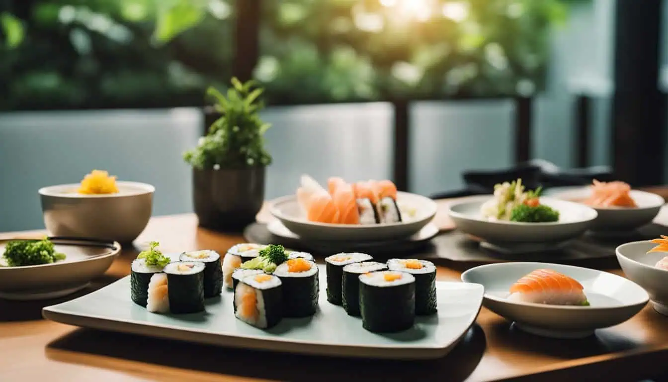 A wooden table adorned with sushi and bowls of food, showcasing the best Japanese dining experience in Orchard, Singapore.