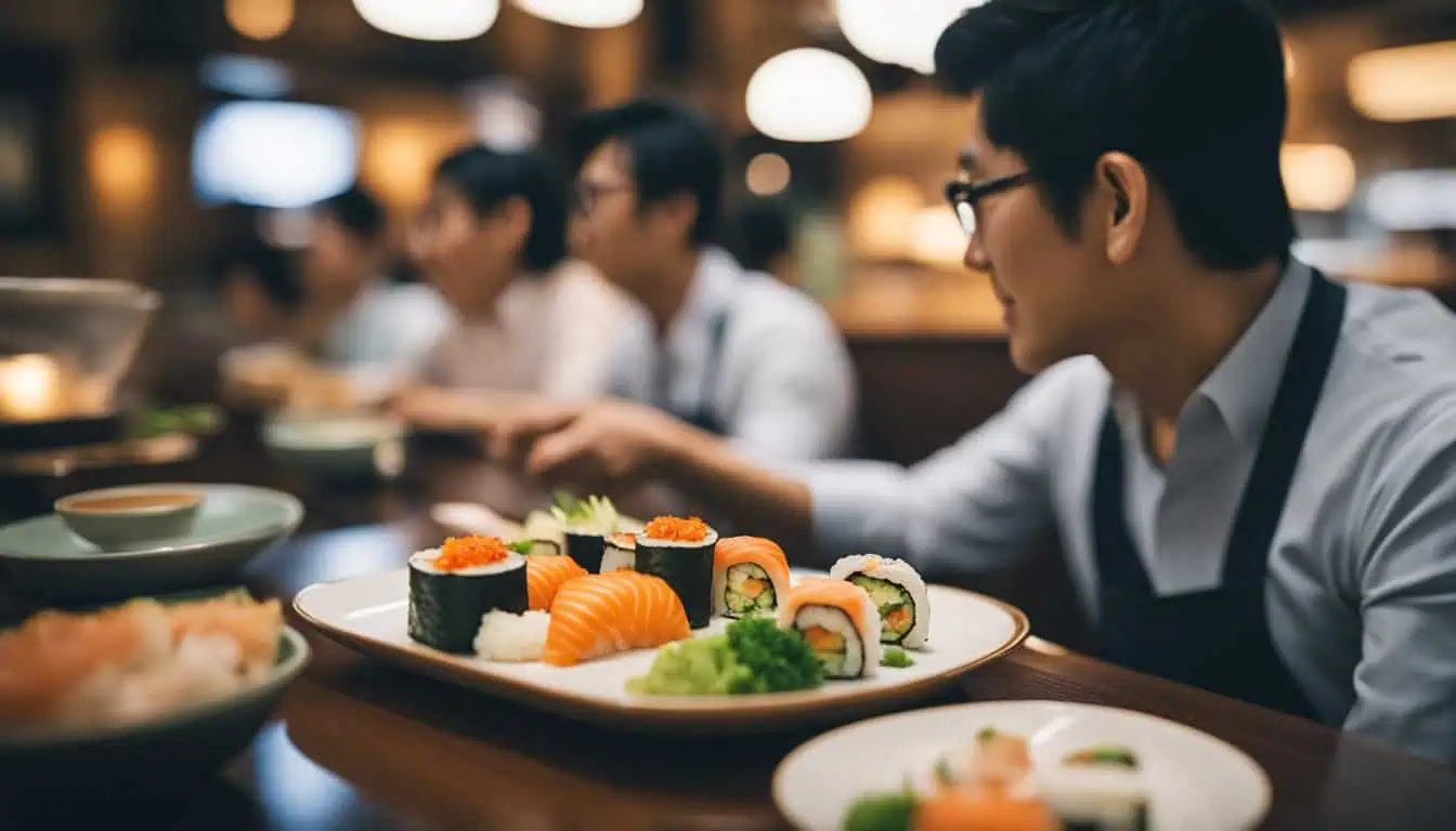 A man enjoys a meal at a table filled with sushi and various dishes, highlighting the best Japanese restaurants in Singapore.