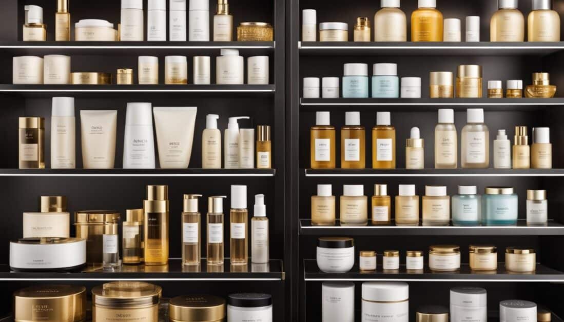 A shelf displaying a variety of beauty products, highlighting the best Japanese skincare brands available in Singapore.