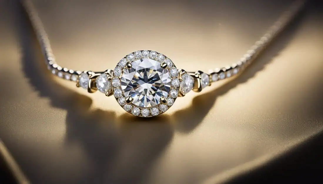 Elegant diamond necklace with a halo setting, displayed in a premier jewellery shop in Singapore.