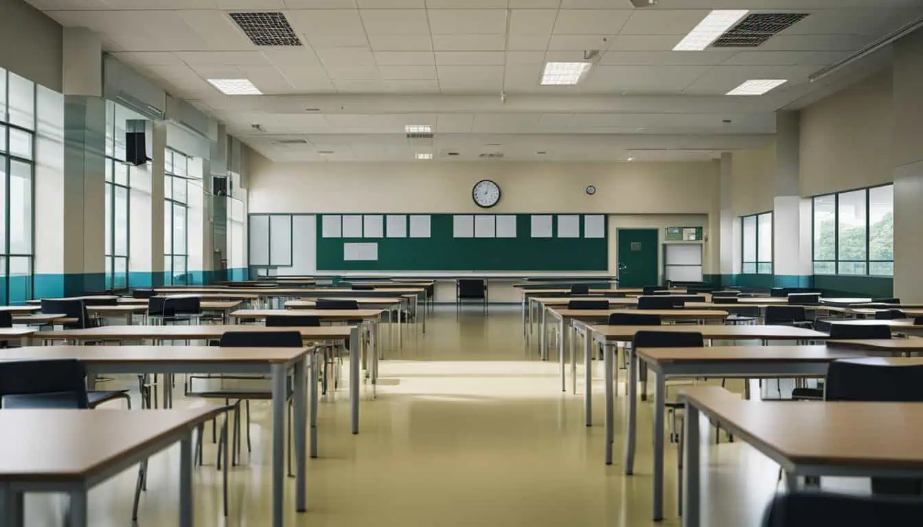 An empty classroom featuring neatly arranged desks and chairs, symbolizing the learning environment at top junior colleges in Singapore.