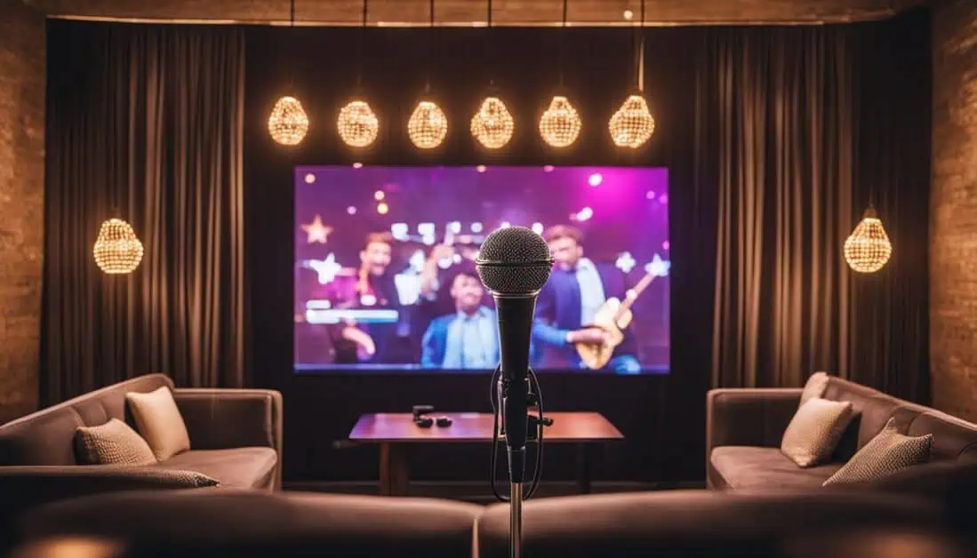 A microphone positioned in front of a television screen, ideal for karaoke enthusiasts in Singapore's top venues.