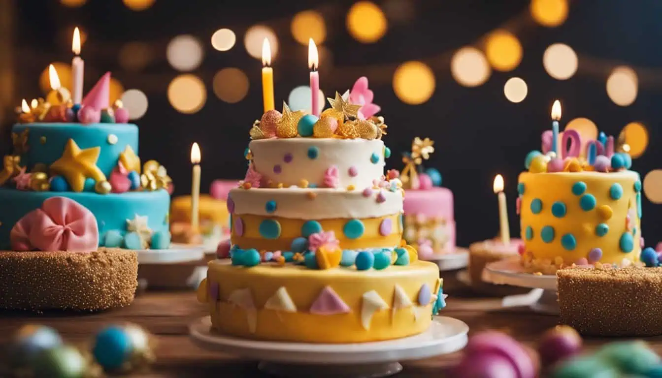 A table adorned with colorful birthday cakes featuring candles, celebrating the best kids' birthday cakes in Singapore.