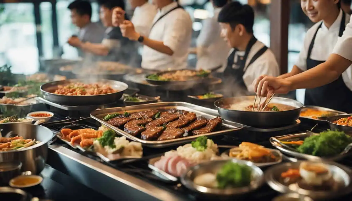 A bustling buffet scene with numerous individuals preparing various dishes at a Korean BBQ restaurant in Singapore.
