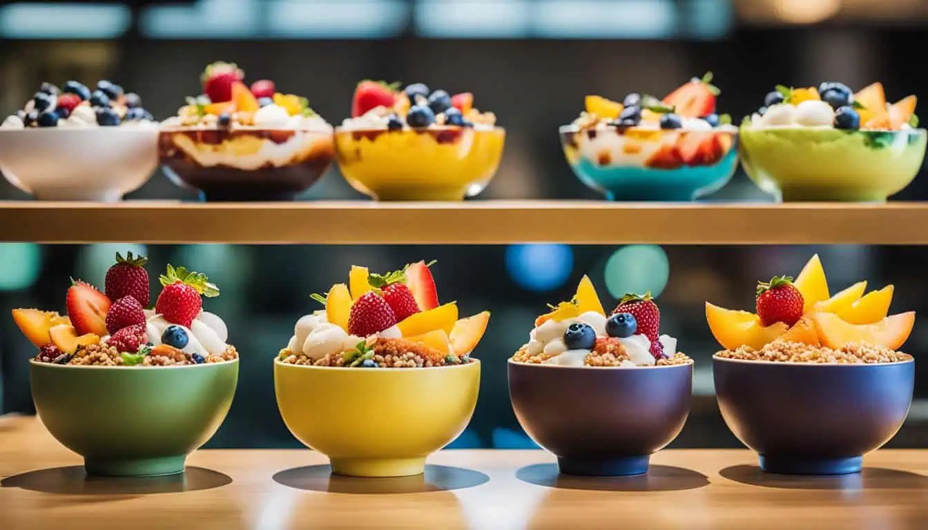 A vibrant array of bowls filled with fresh fruit and yogurt, showcasing delightful Korean Bingsu desserts in Singapore.