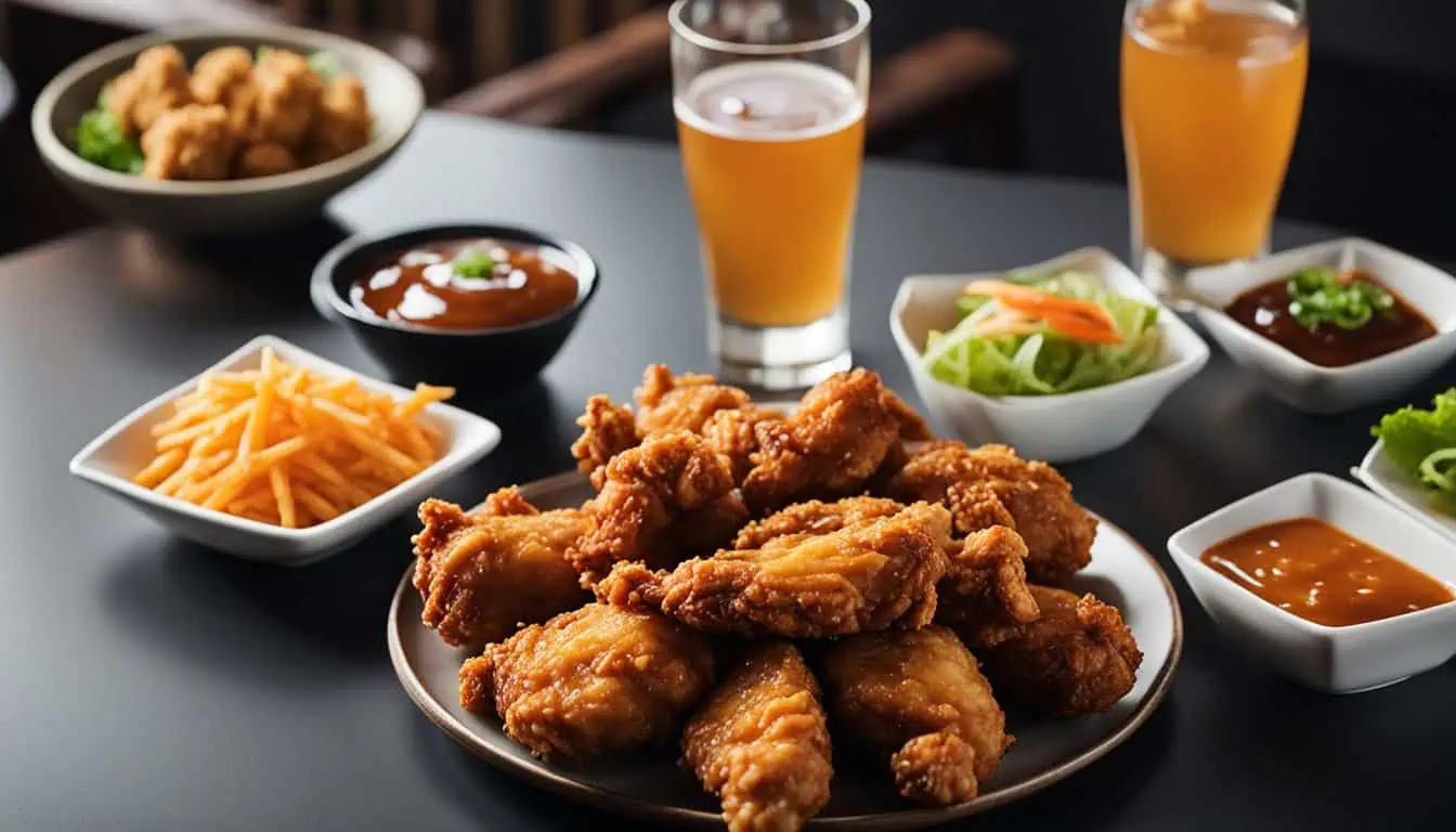 A vibrant table filled with diverse food and beverages, highlighting top Korean chicken dining options in Singapore.
