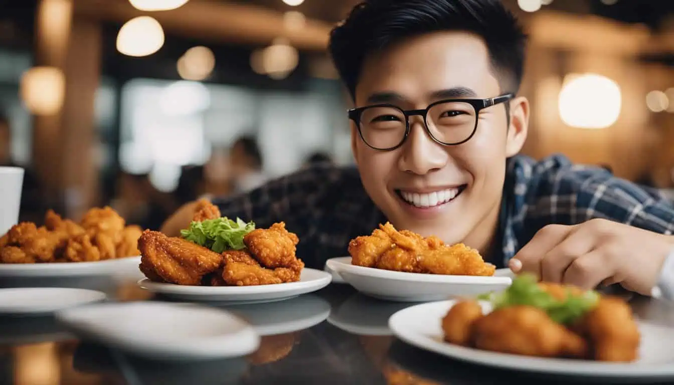 A smiling man with glasses holds plates of delicious Korean fried chicken, showcasing the best dining options in Singapore.