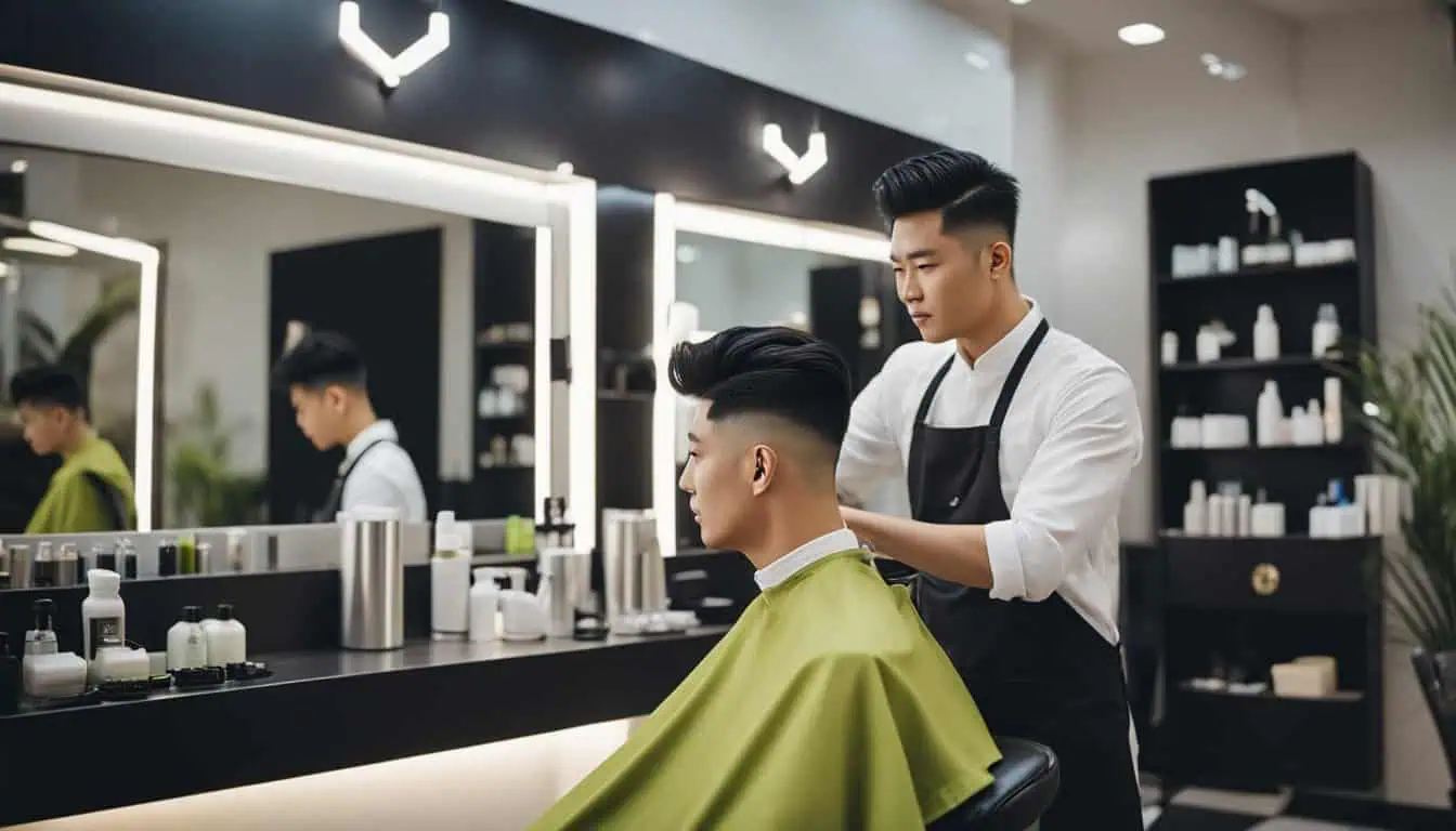 A man receives a haircut from a skilled barber at one of the best Korean hair salons in Singapore.