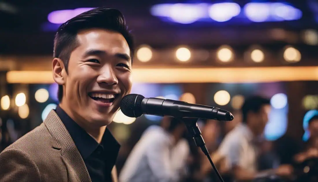 A cheerful man with a microphone highlights the lively experience at Singapore's top KTV bars.