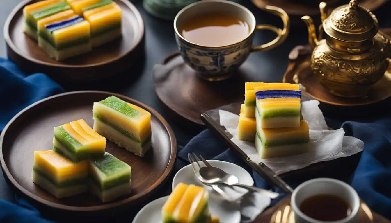 A beautifully arranged table featuring various cakes and tea, showcasing the best kueh lapis in Singapore.